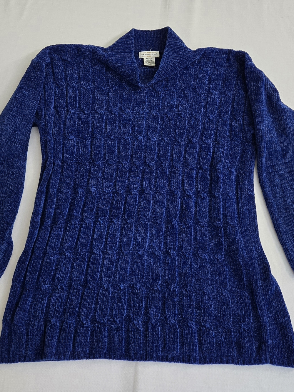 Yarnworks Women’s Acrylic Blue Cable-Knit Sweater,Size Med, Made in Hong Kong